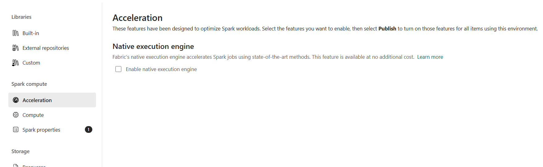 The Acceleration page of the Fabric Spark environment with the Enable native execution engine checkbox unchecked