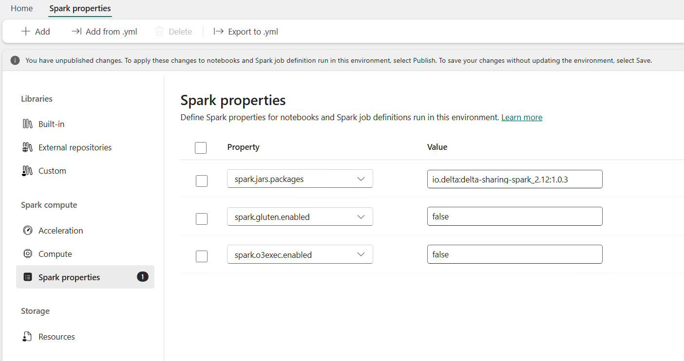 Spark properties for the custom Fabric Spark environment, showing spark.jars.packages set to io.delta:delta-sharing-spark_2.12:1.0.3, spark.gluten.enabled set to false, and spark.o3exec.enabled set to false