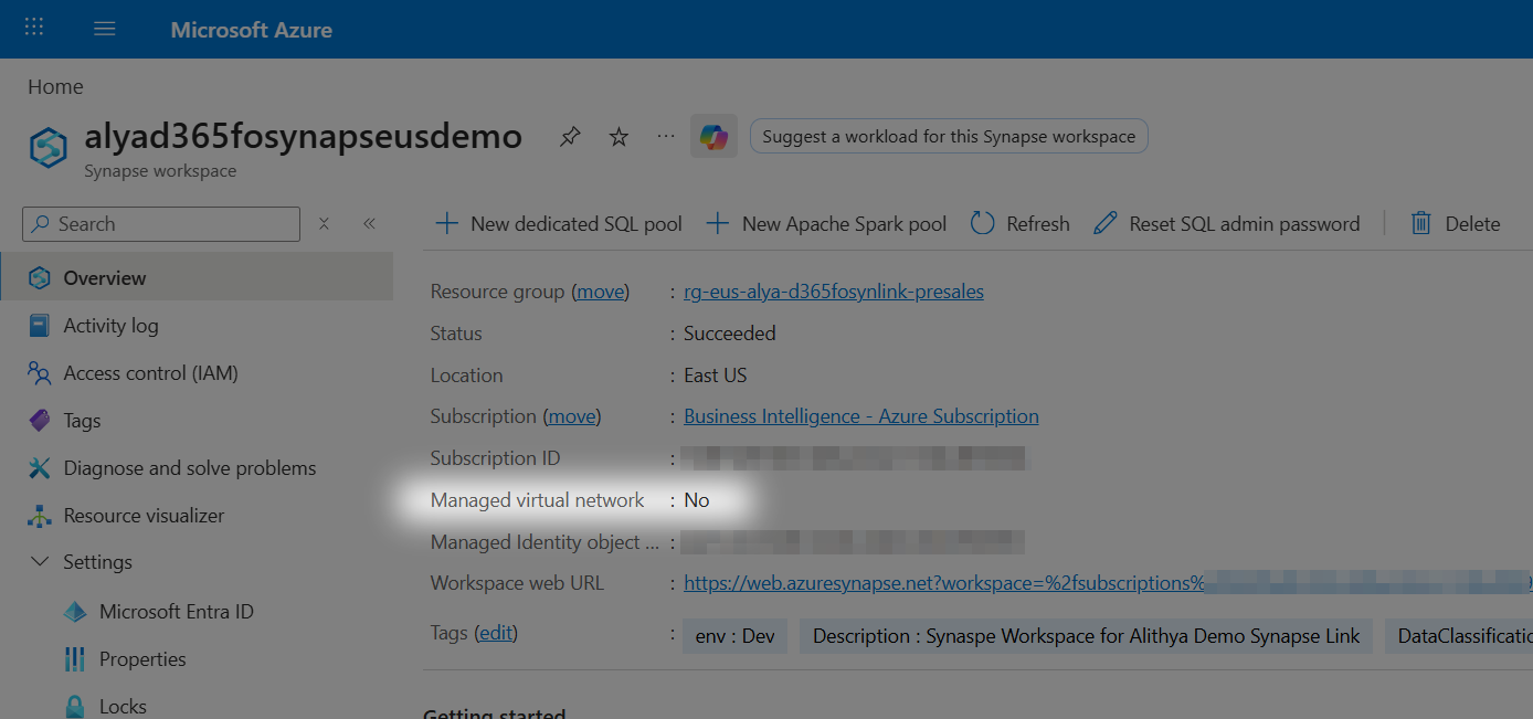 Azure portal Overview page for a Synapse workspace, with Managed virtual network showing No, which is the at-risk condition